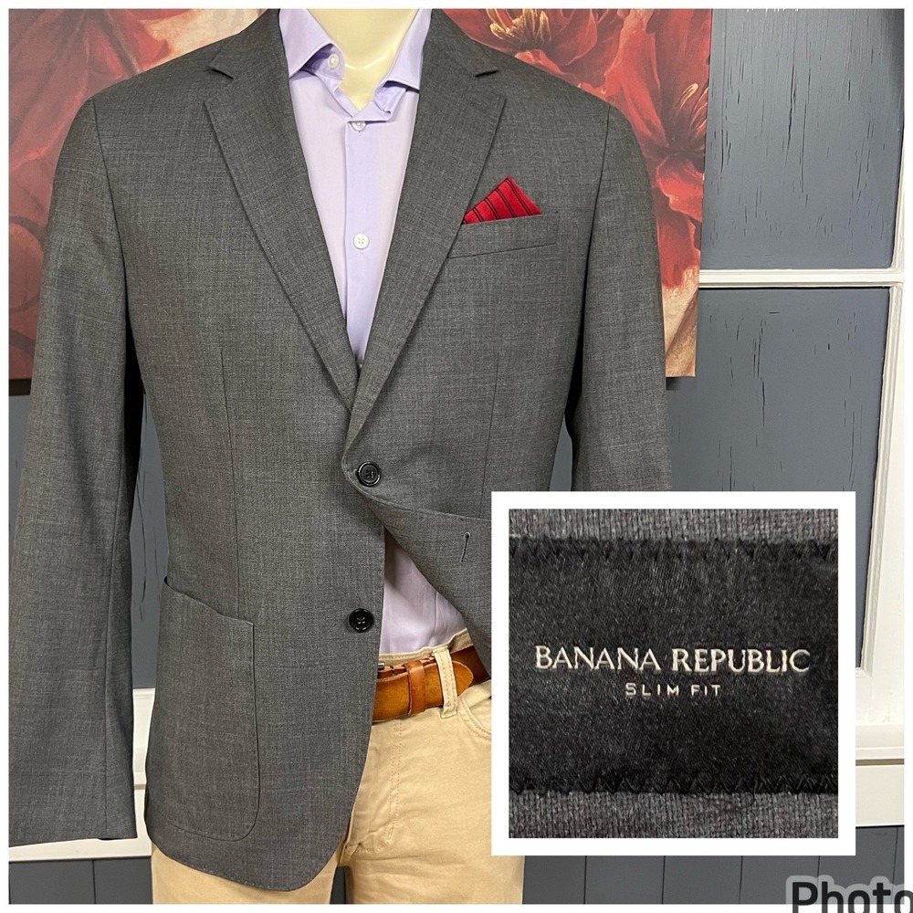 Banana Republic Smart Weight Travel Blazer Mens 42R  Slim Fit Wool Blend Gray